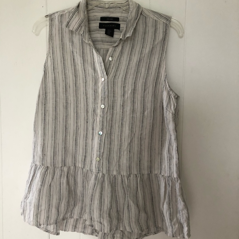 Tahari 100% linen button town sleeveless top